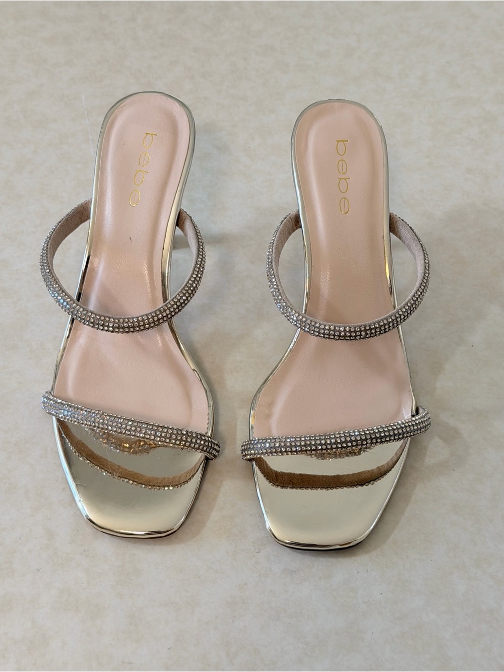 bebe Gold Crystal Dual-Strap Slide Heels